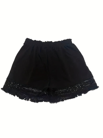 Kessoro women's lace-trim paper bag waist shorts in sky blue, khaki, black and white neutral tones