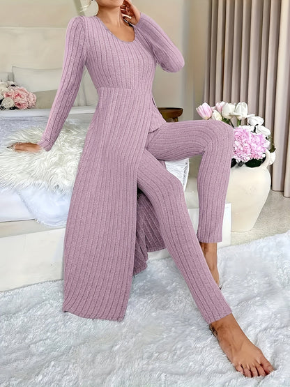 Kessoro women's ribbed tunic and wide-leg trouser lounge set in sage, violet and peacock blue, view 6