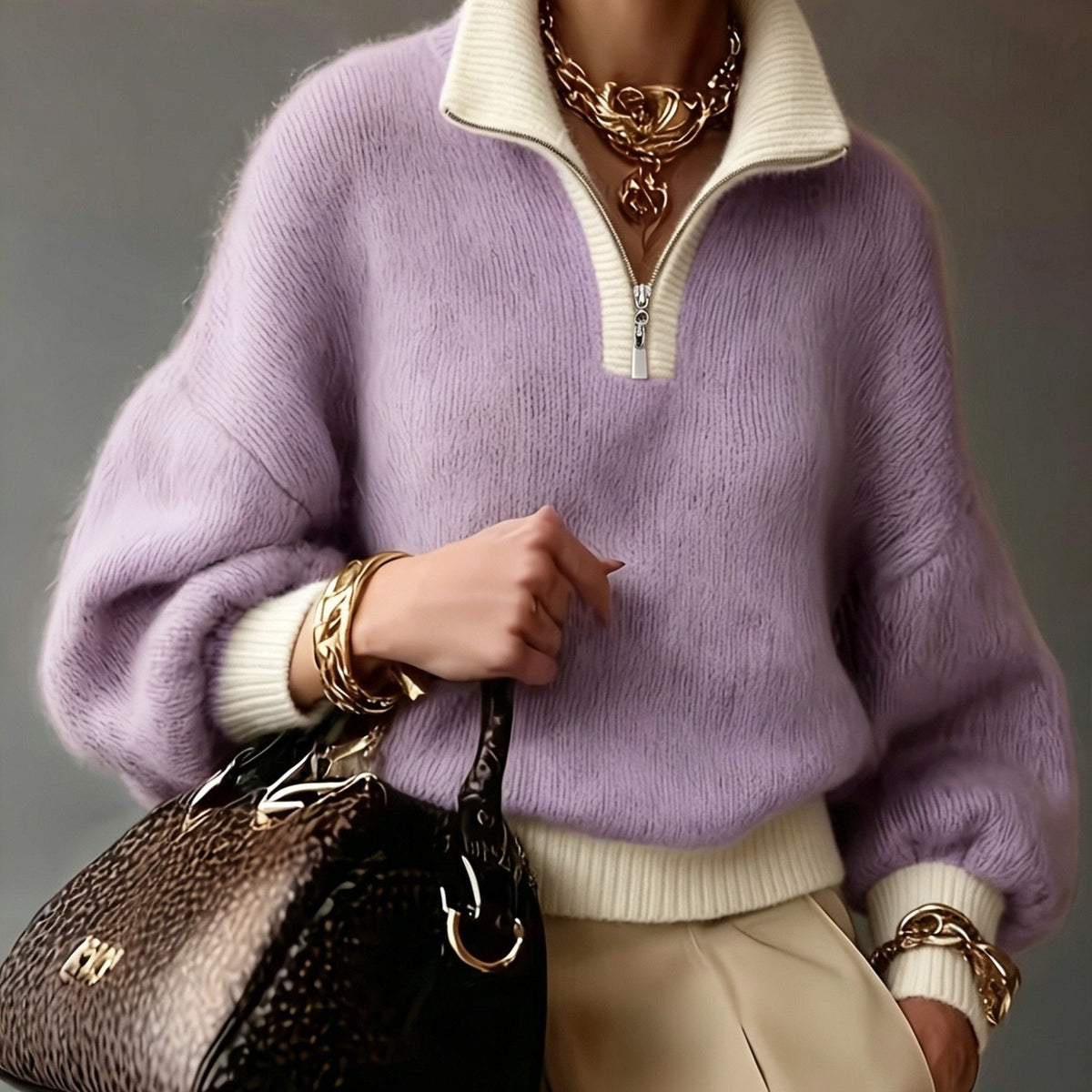 Women's relaxed half-zip ribbed sweater in khaki and lavender, colour option 1 front view