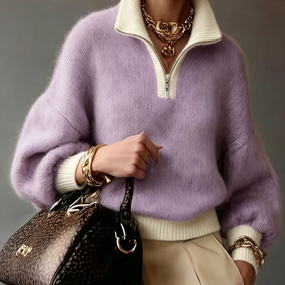 Women's relaxed half-zip ribbed sweater in khaki and lavender, colour option 1 front view
