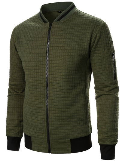 Men's textured stand-collar zip-up bomber jacket in khaki, black, dark gray, military green, navy and burgundy, front view 3