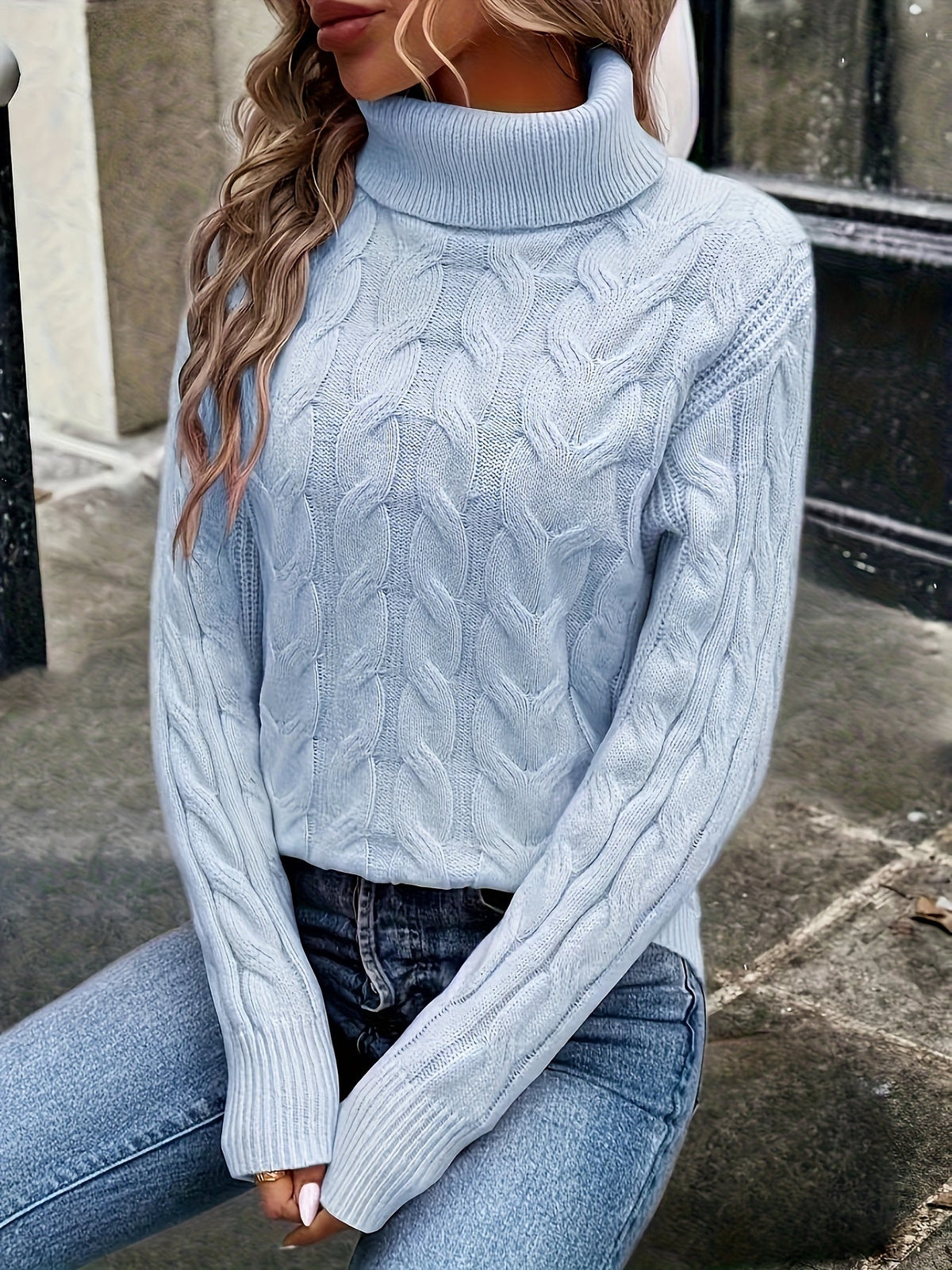 Kessoro women's cable-knit turtleneck sweater in red, black, grey, royal blue, violet, white and pink - product view 30