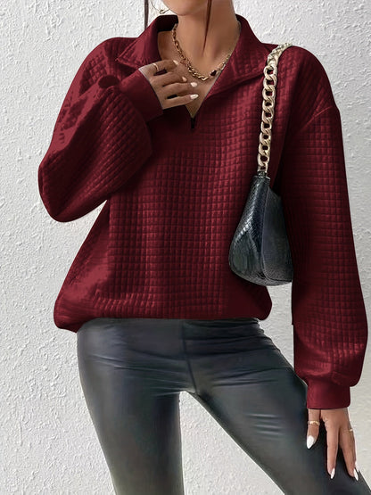 Kessoro women's relaxed quarter-zip stand collar pullover in white, deep red, grey, black, matcha, pink and light green - view 2 of 19