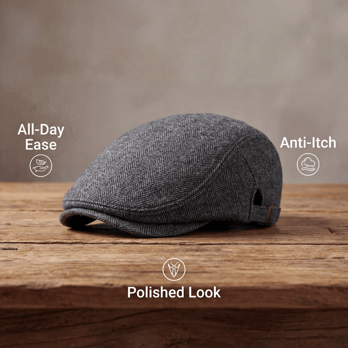 Kessoro unisex wool herringbone flat cap in charcoal, slate gray, taupe and ash gray