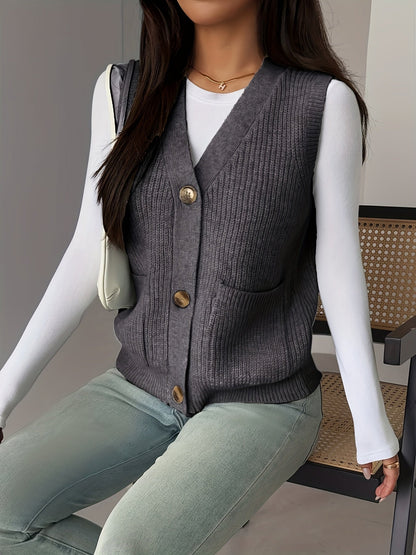 Kessoro women's buttoned V-neck knit vest with front pockets in soft neutral colourways