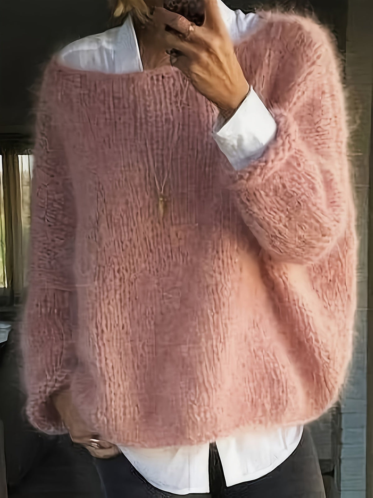 Kessoro women's relaxed loose-fit crew neck sweater in pink, black, burgundy, green and grey – view 3