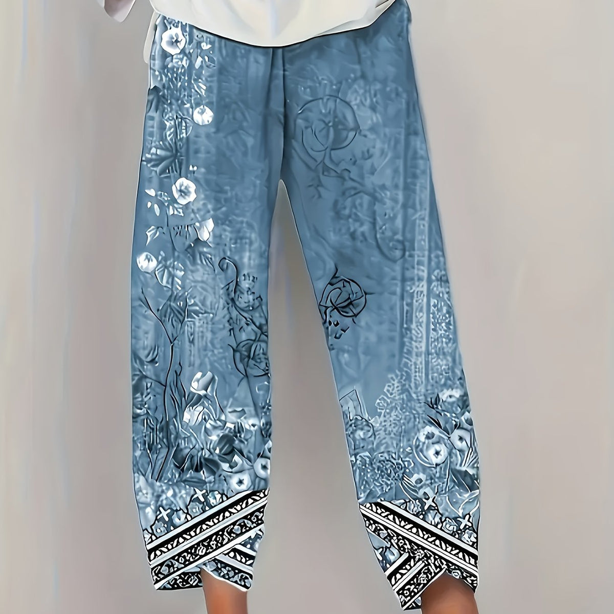 Kessoro women's botanical print elastic-waist cropped trousers in vintage plant and retro colours