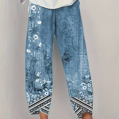 Kessoro women's botanical print elastic-waist cropped trousers in vintage plant and retro colours