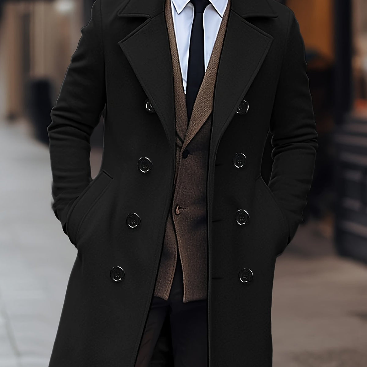 Kessoro men's double-breasted tailored overcoat in black, view 1 of 7