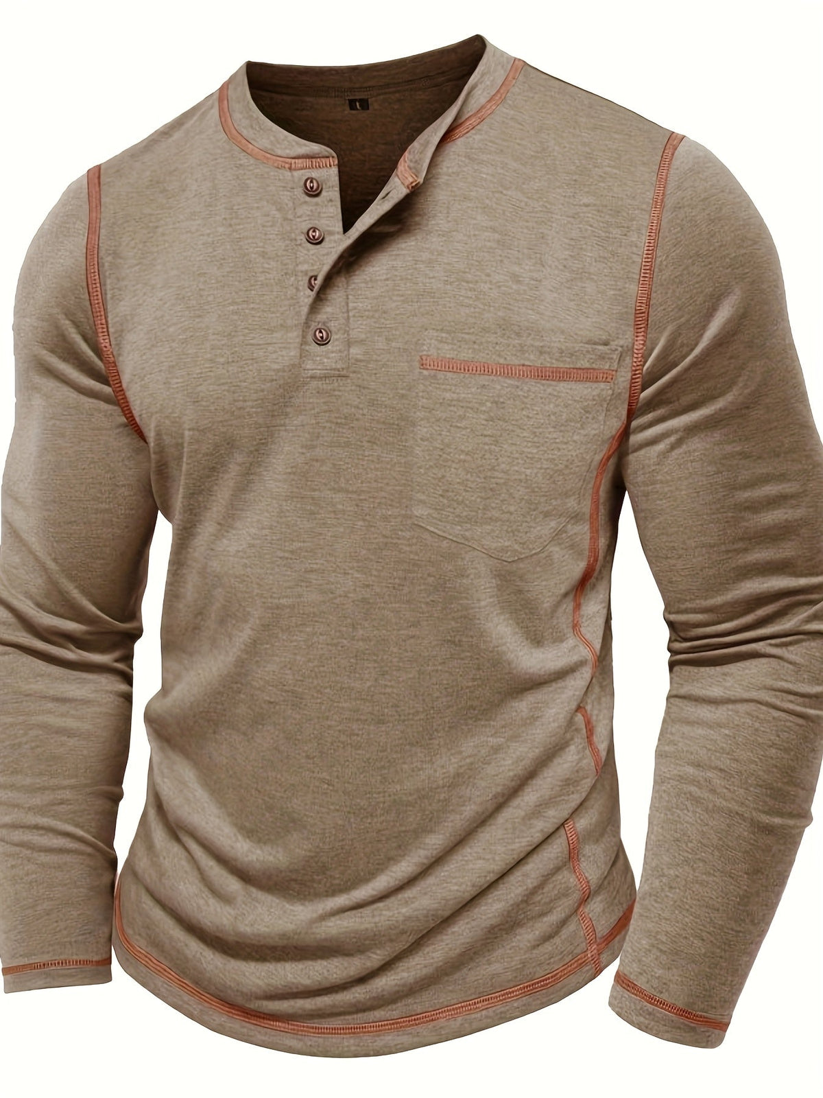 Men's contrast-stitch long sleeve henley shirt in khaki and green, back view