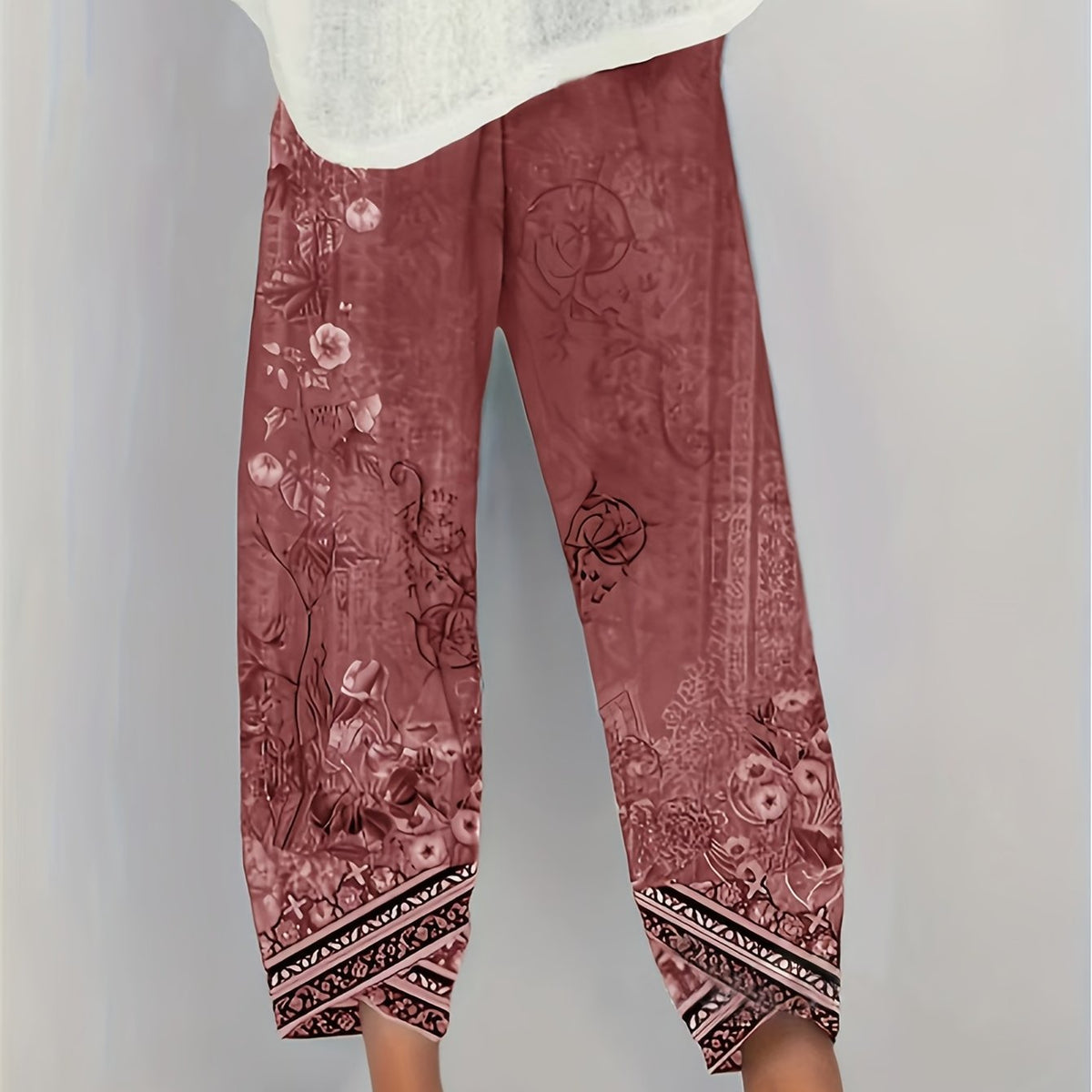 Kessoro women's botanical print elastic-waist cropped trousers in vintage plant and retro colours