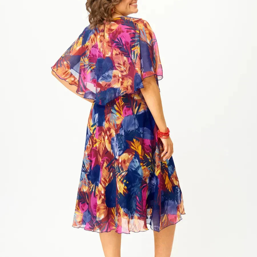 Women's A-line midi dress with a cape-style bodice, round neck and short sleeves