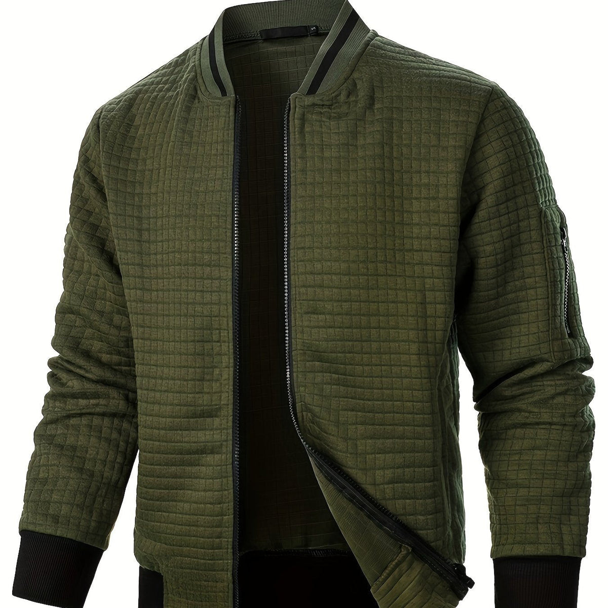 Men's textured stand-collar zip-up bomber jacket in khaki, black, dark gray, military green, navy and burgundy, collar detail view 2