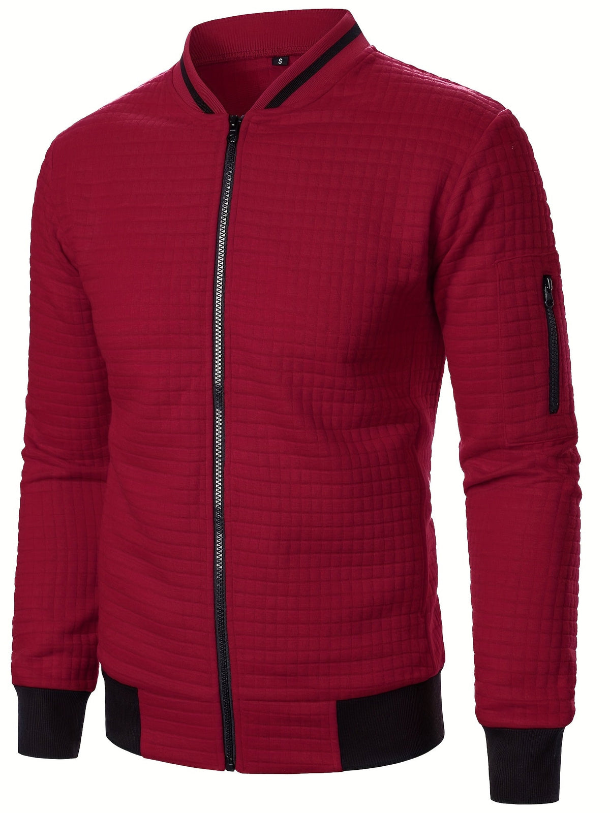 Men's textured stand-collar zip-up bomber jacket in khaki, black, dark gray, military green, navy and burgundy, detail view 4