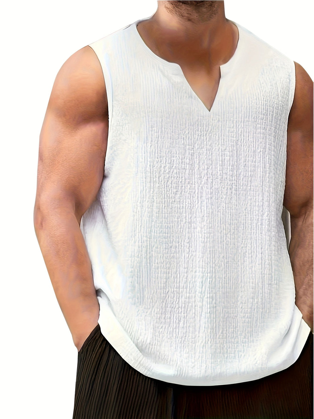 Kessoro men's relaxed notch-neck sleeveless tank top in apricot, black and white