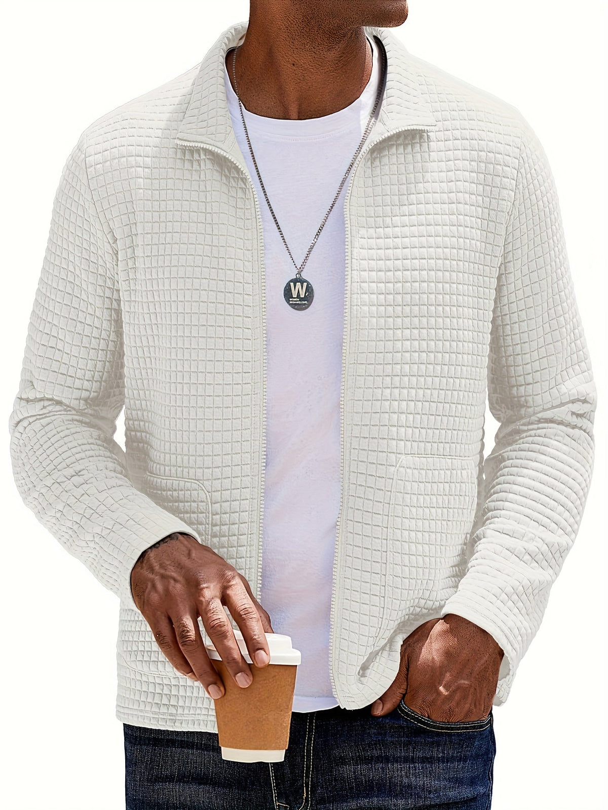 Kessoro Men's Textured Stand-Collar Full-Zip Jacket in white, khaki and black, image 3 of 18.