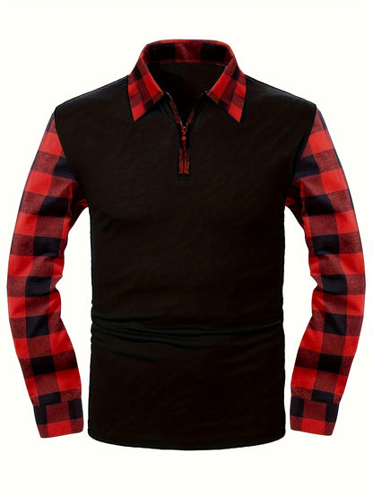 Kessoro men's half-zip contrast check collared shirt in mixed neutral and check colourways
