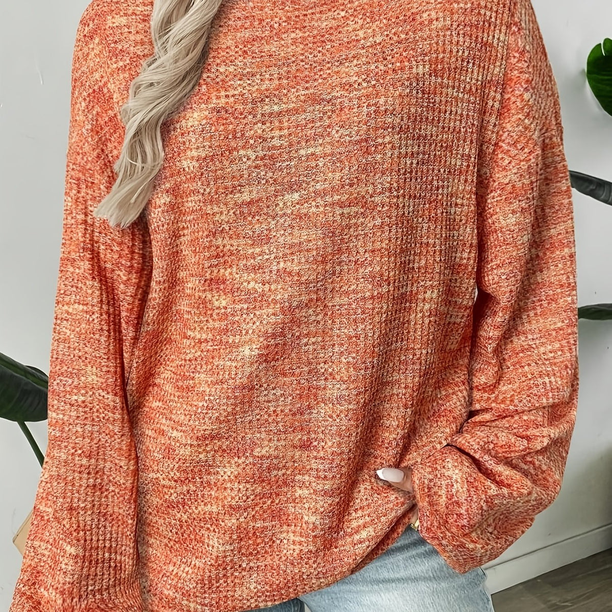 Kessoro women's relaxed waffle-knit pullover sweater in a warm orange-red colourway
