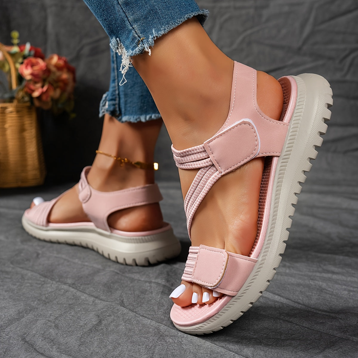 Women's adjustable strap cushioned comfort sandals in black, navy, grey, khaki, green and pink, view 9