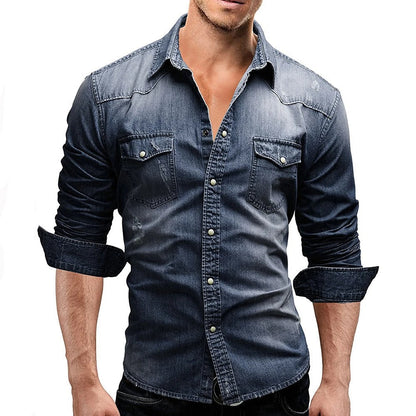 Men's rugged casual button-front shirt with chest pockets in a blue denim and grey colour family (view 3)