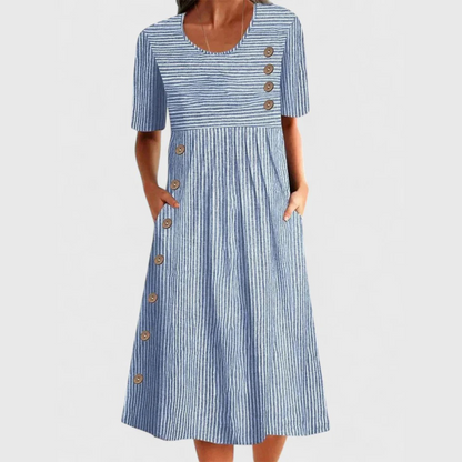 Women's striped three-quarter sleeve lightweight midi dress in blue, grey or beige