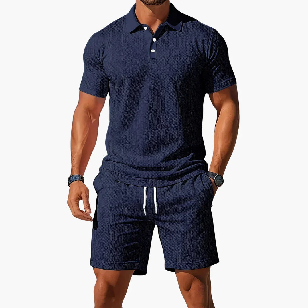 Men's summer polo and shorts two-piece set in blue, grey, orange and black tones, shown for menswear styling
