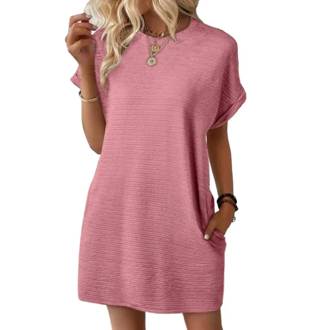 Kessoro women's minimalist round neck summer dress in rose red, light pink, apricot, black and green