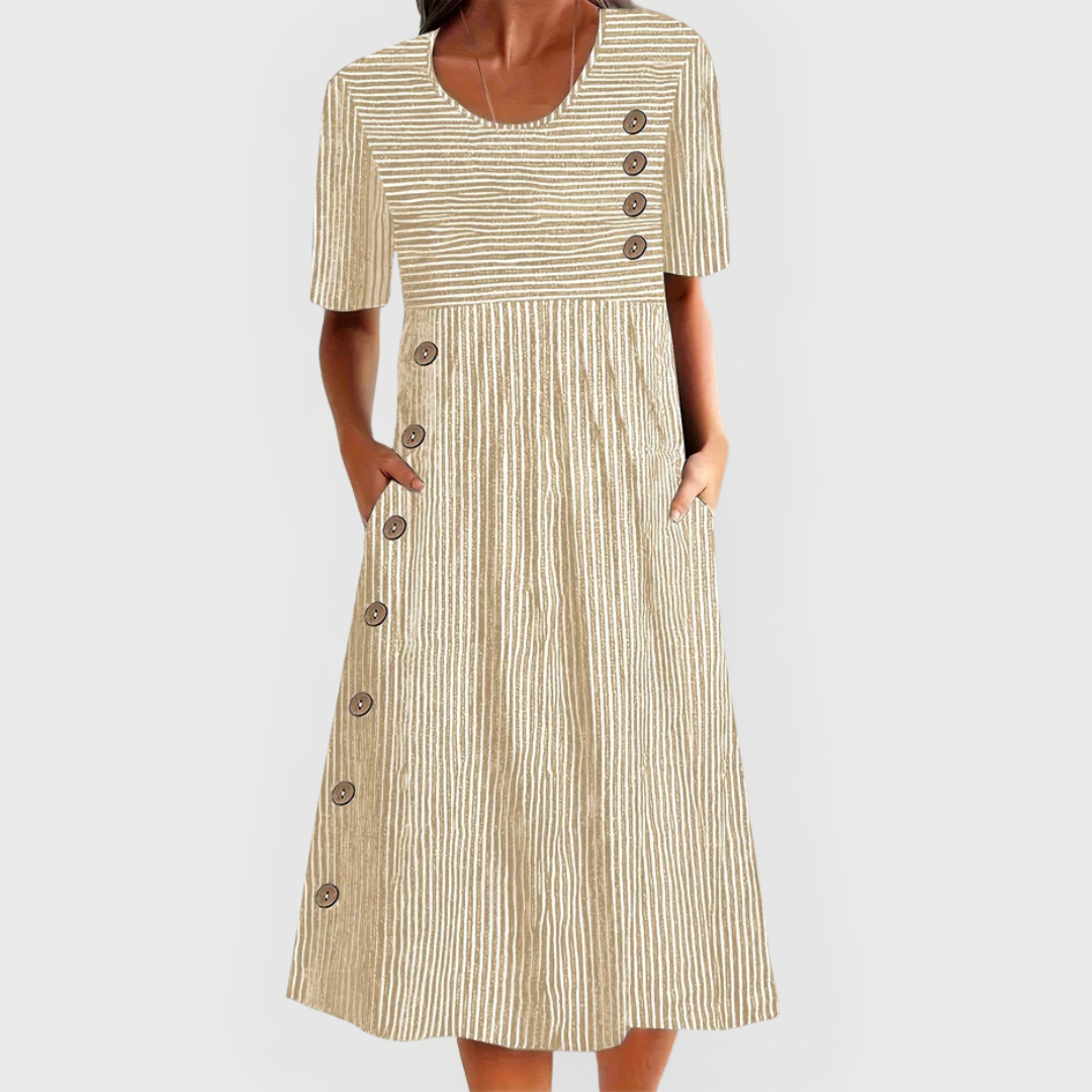 Women's striped three-quarter sleeve lightweight midi dress in blue, grey or beige