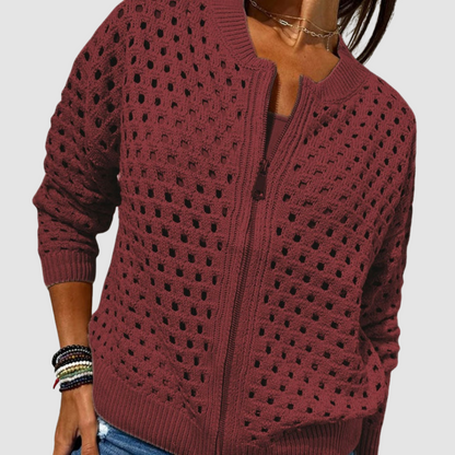 Women's open-knit zip-front cardigan in neutral and jewel-tone colorways