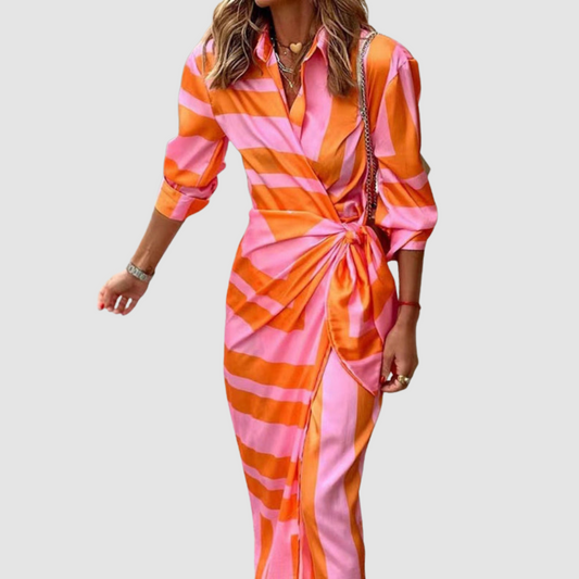 Kessoro women's elegant striped midi dress in orange and pink, dark blue, light blue and multicolor colorways - women's dresses