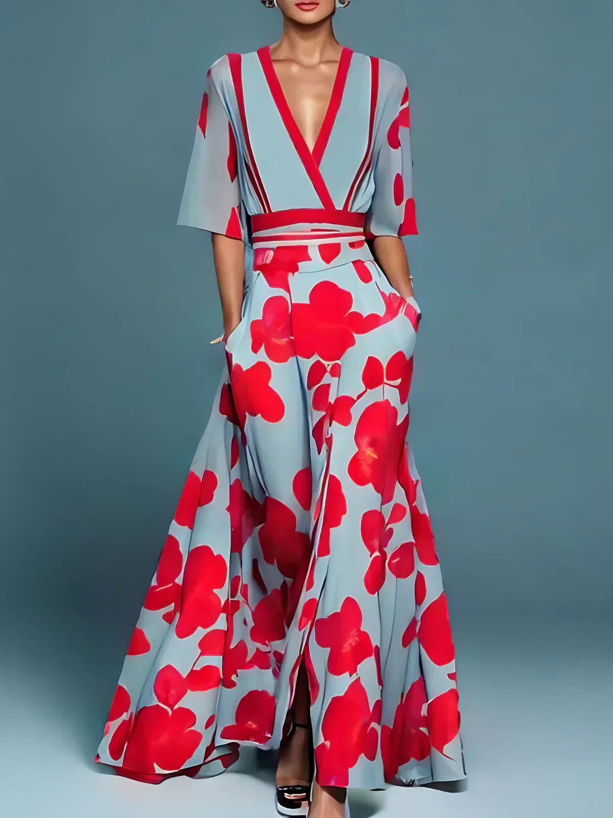 Women's elegant floral print day-to-evening dress in red, white or green