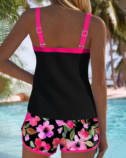 Kessoro Women's Two-Piece Tankini Top and Shorts Swim Set in orange, fuchsia, yellow and cyan/blue — detail of the fabric and finish