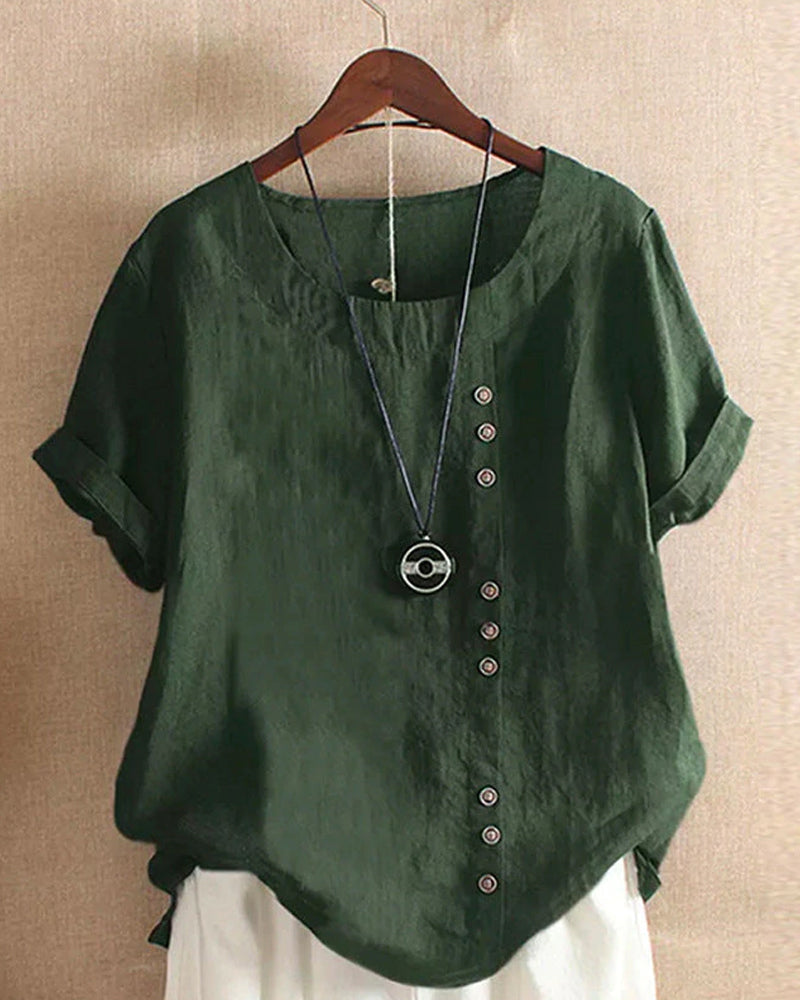 Women's asymmetrical button detail lightweight summer blouse in nine colourways, shown for womenswear styling