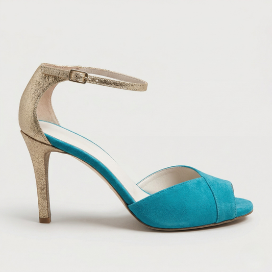 Women's teal suede strap heels with gold accents