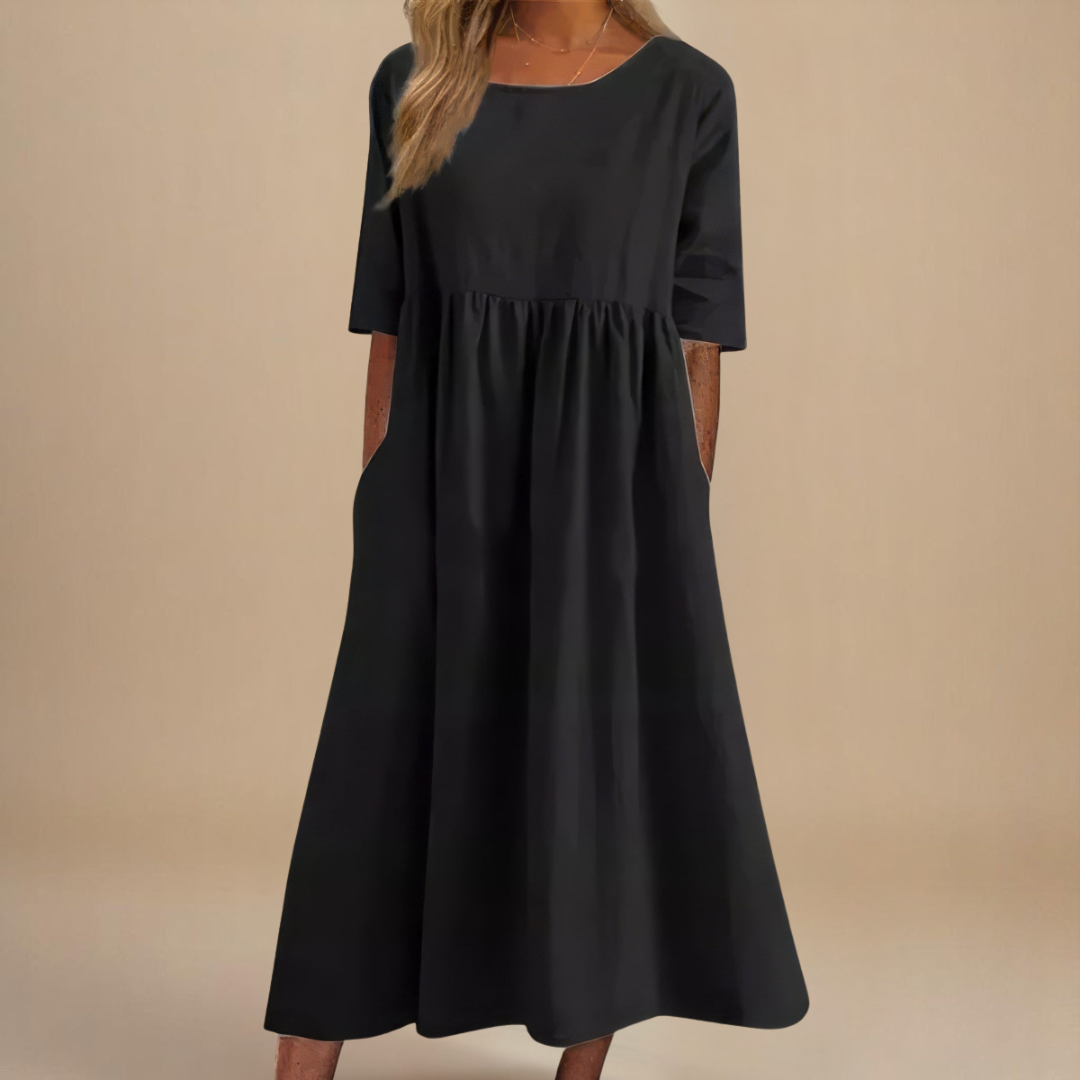 Women's round neck A-line midi dress in blue, pink, green, black, gray and white