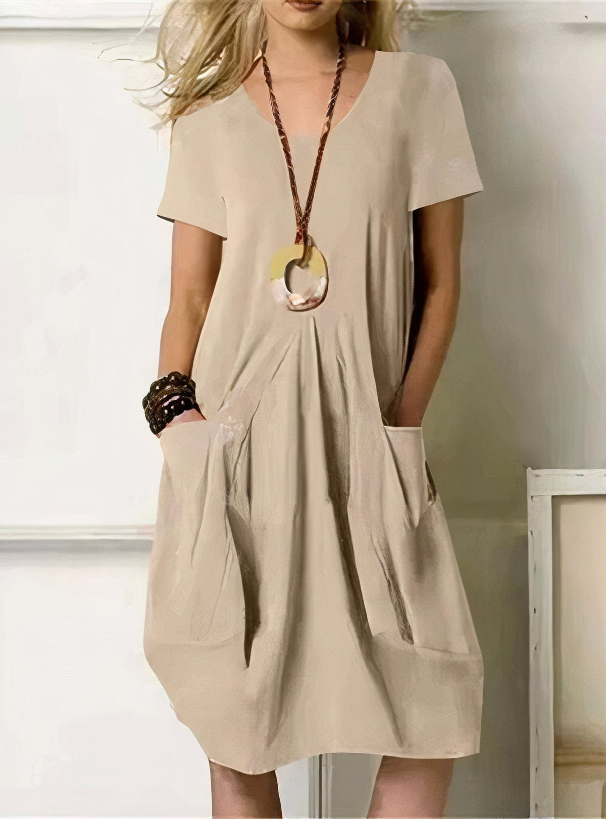 Women's cotton A-line casual midi dress with pockets in black, orange, green or beige