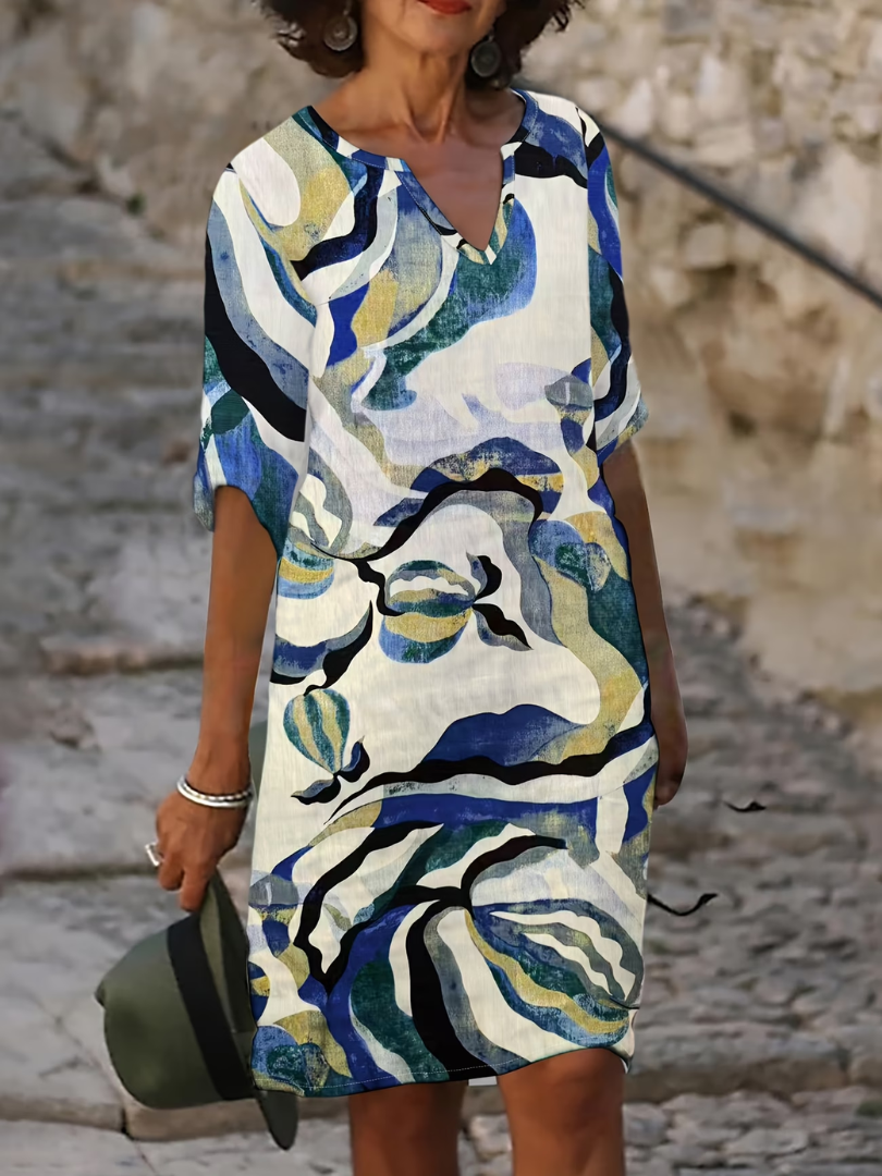 Kessoro women's artful hand-painted print relaxed summer dress in yellow, blue, green and pink