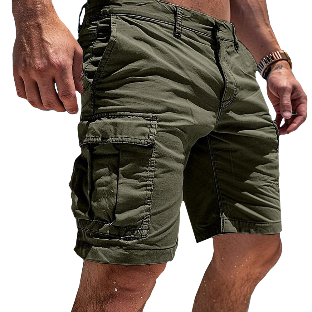Men's classic utility cargo shorts in grey, khaki, dark green and black, shown for menswear styling
