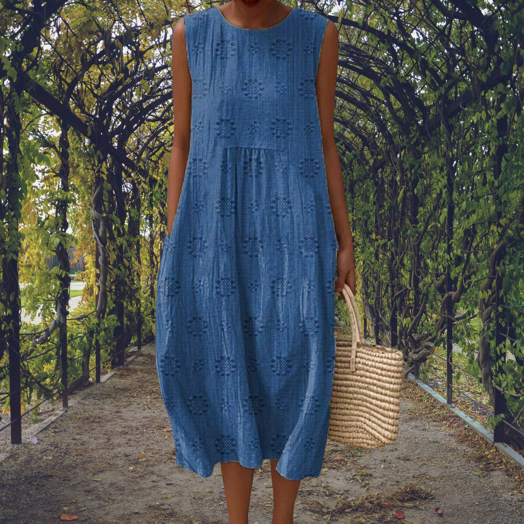 Women's embroidered sleeveless pocket dress in green, blue, yellow, white, red and orange