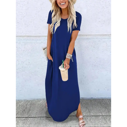 Kessoro women's round-neck casual summer maxi dress in gray, blue, emerald, black and striped prints