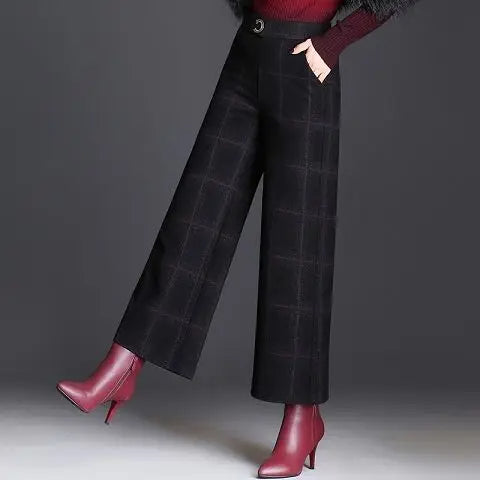 Kessoro Women's Checked High-Waist Wide-Leg Trousers in plaid black, solid black and houndstooth gray — side view