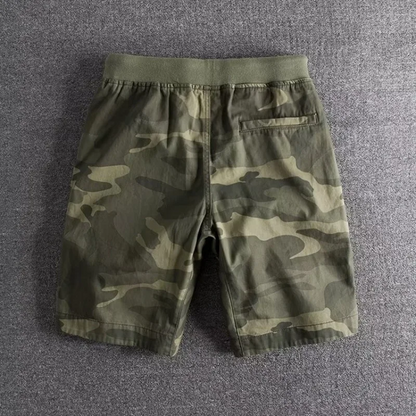 Kessoro Men's Camo Print Drawstring Relaxed Shorts in dark forest and military green — side view