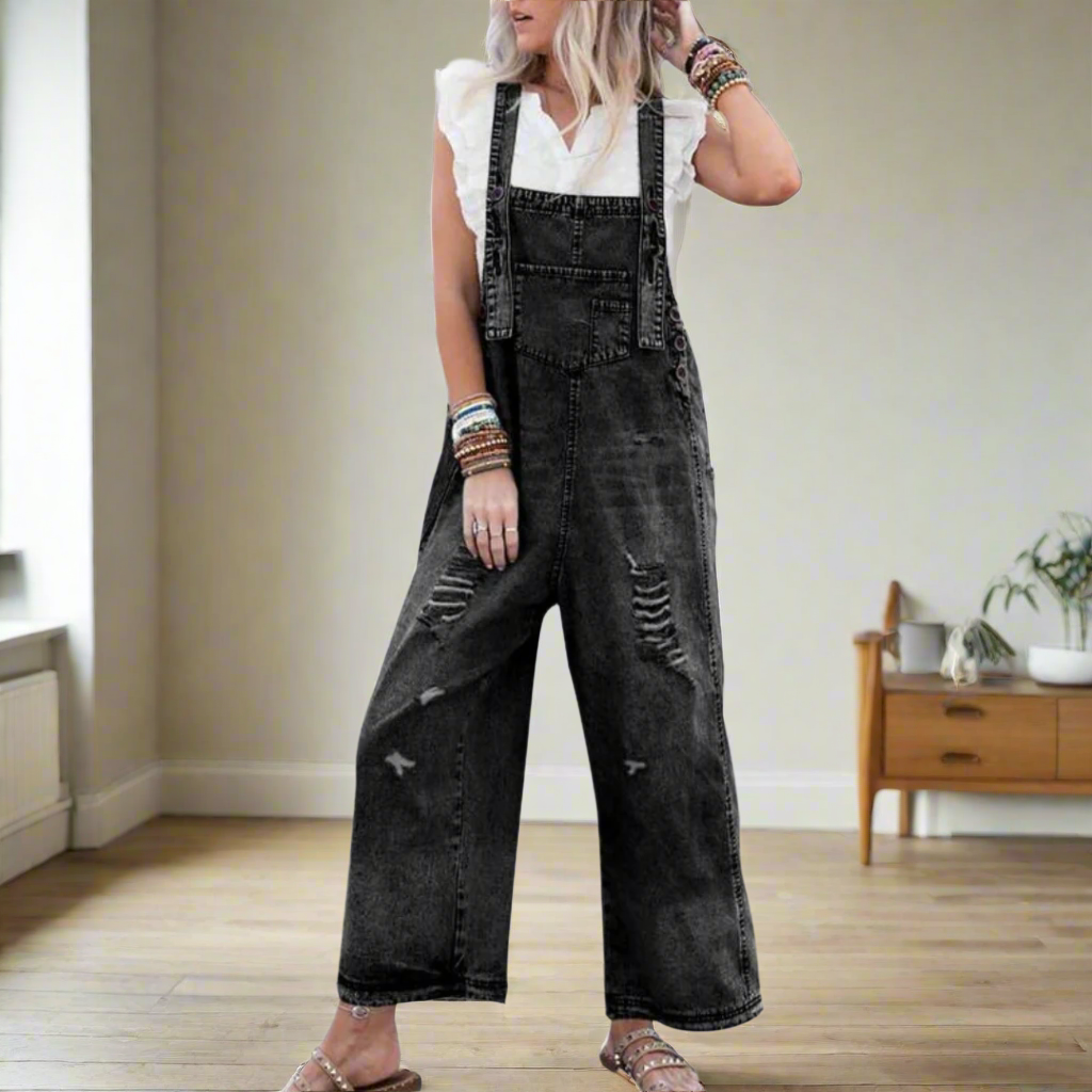 Kessoro women's vintage-style adjustable plain jumpsuit in blue and grey colourways