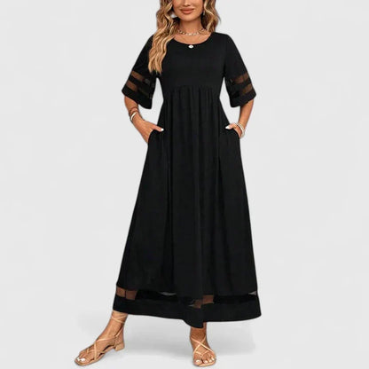 Women's empire waist midi dress with round neck and mid sleeves in black, red and green