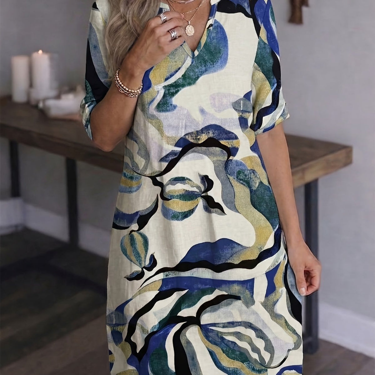 Women's artful print V-neck shift dress in a bright summer colourway