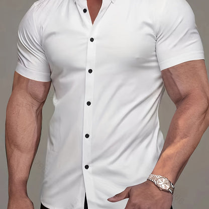 Kessoro men's refined short-sleeve button-up shirt shown in eleven colourways including white, black, navy and army green on a male model