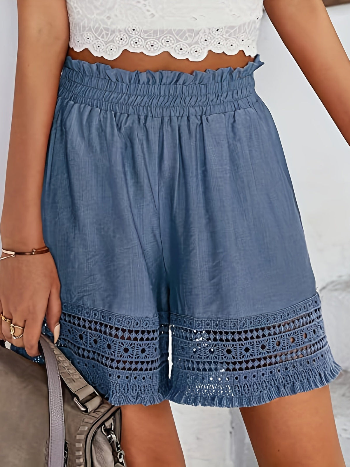Kessoro women's lace-trim paper bag waist shorts in sky blue, khaki, black and white neutral tones