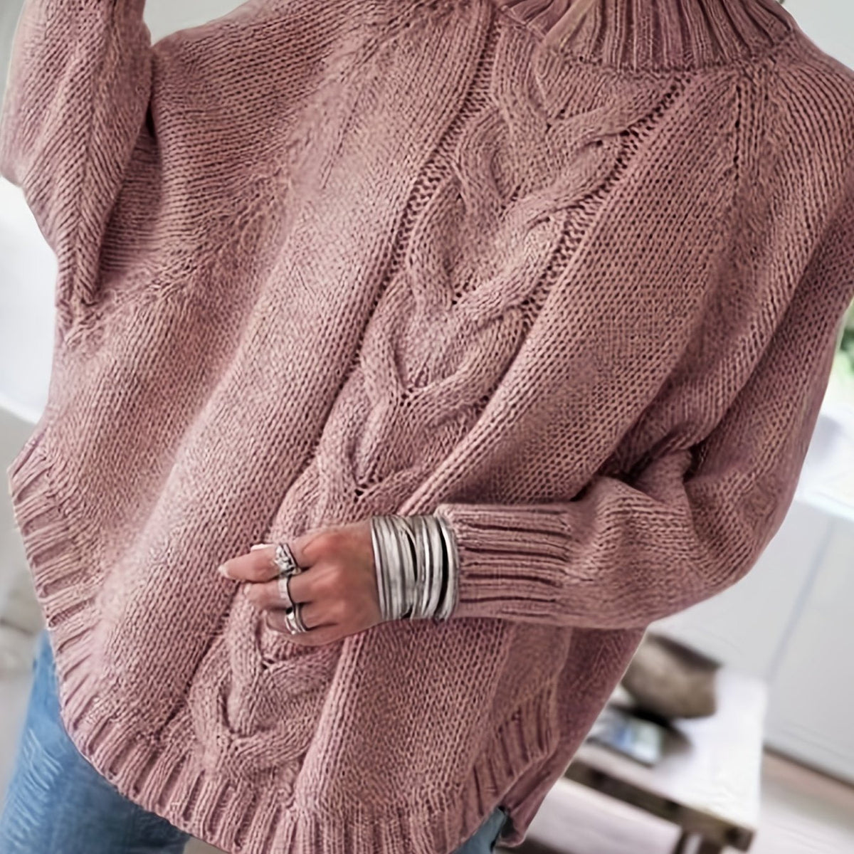 Kessoro women's high-neck cable-knit loose sweater in khaki, grey, pink, black and red – view 13