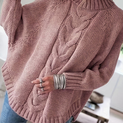 Kessoro women's high-neck cable-knit loose sweater in khaki, grey, pink, black and red – view 13