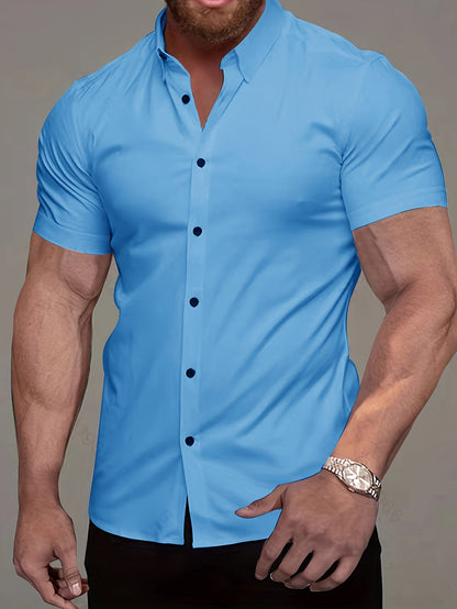 Kessoro men's refined short-sleeve button-up shirt shown in eleven colourways including white, black, navy and army green on a male model